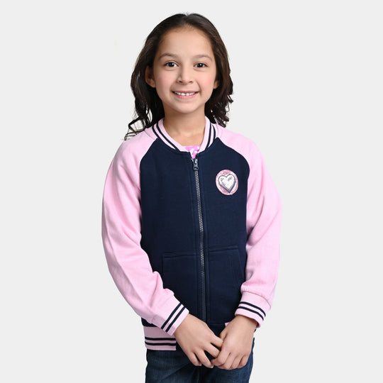 Girls Fleece Knitted Jacket Heart-Pink/Navy