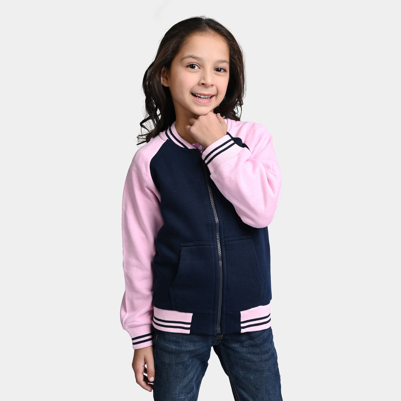 Girls Fleece Knitted Jacket Heart-Pink/Navy
