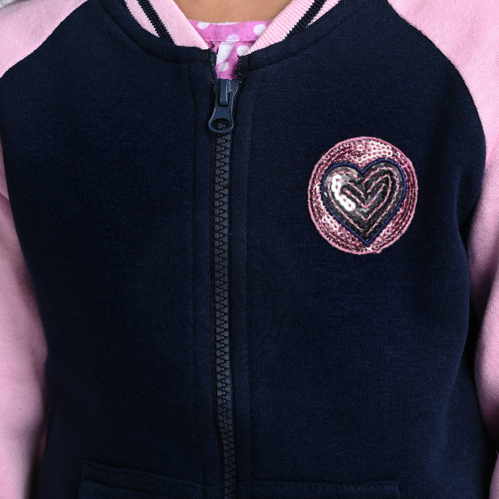 Girls Fleece Knitted Jacket Heart-Pink/Navy