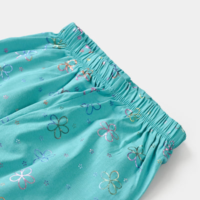Girls Lycra Jersey Pantyhose Printed Multi Flowers-Turquois