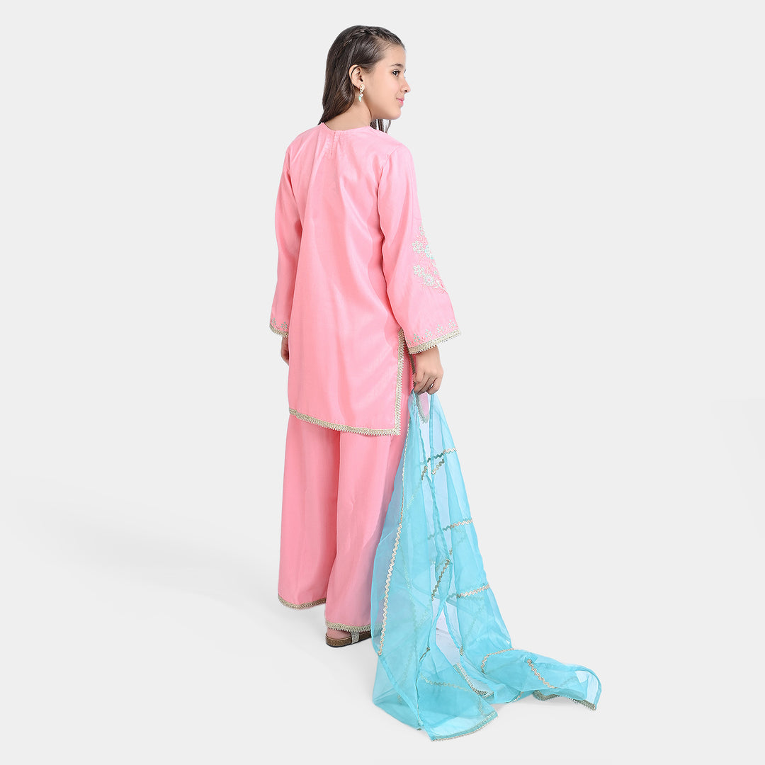 Girls Raw Silk 3PCs Suit Noor Jahan-Pink