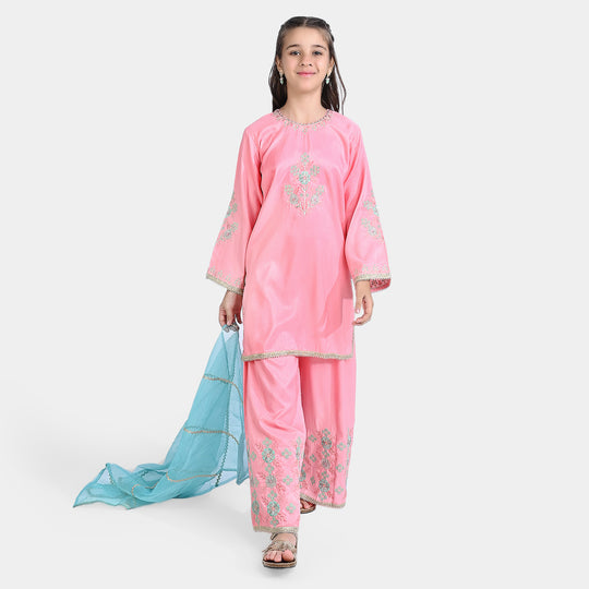 Girls Raw Silk 3PCs Suit Noor Jahan-Pink