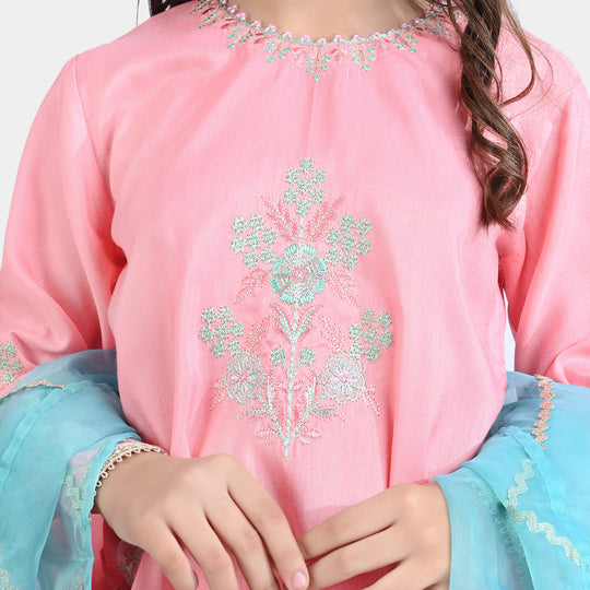 Girls Raw Silk 3PCs Suit Noor Jahan-Pink