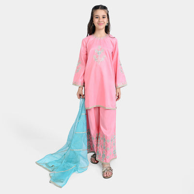 Girls Raw Silk 3PCs Suit Noor Jahan-Pink