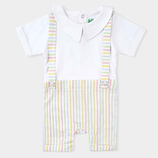 Infant Boys Cotton Interlock Knitted Romper Double Stripe-White