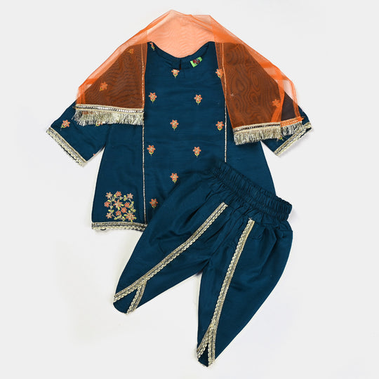 Infant Girls Raw Silk 3Pcs Suit Umang (Teal blue)