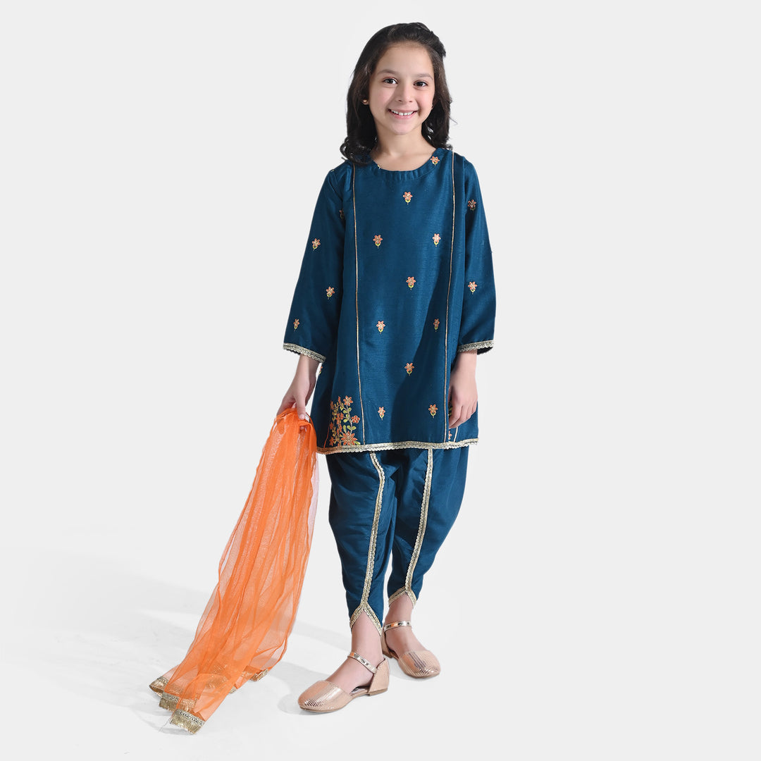 Girls Raw Silk 3PCs Suit Umang-Teal Blue