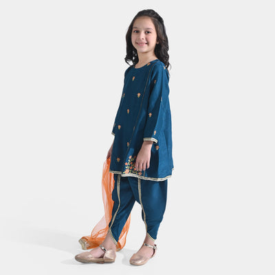 Girls Raw Silk 3PCs Suit Umang-Teal Blue