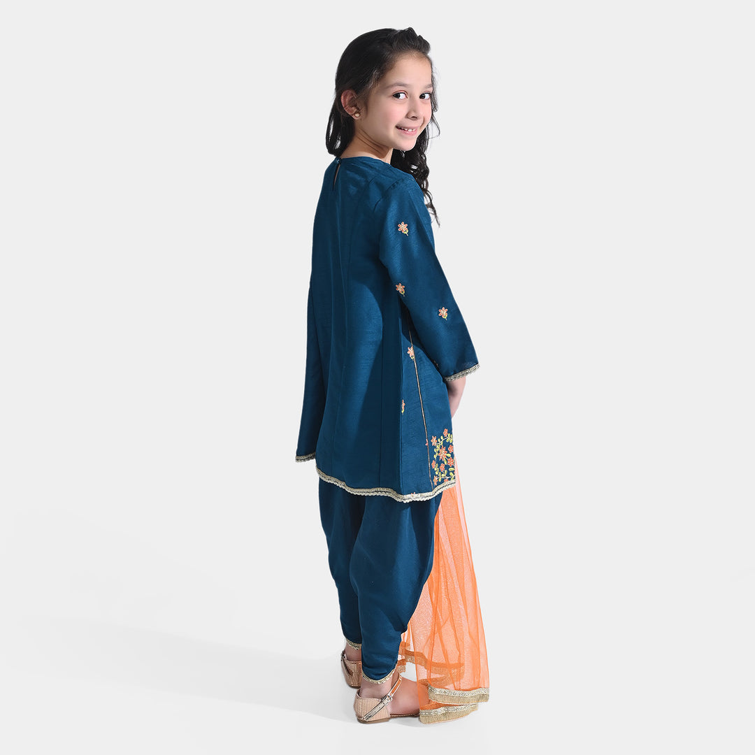 Girls Raw Silk 3PCs Suit Umang-Teal Blue