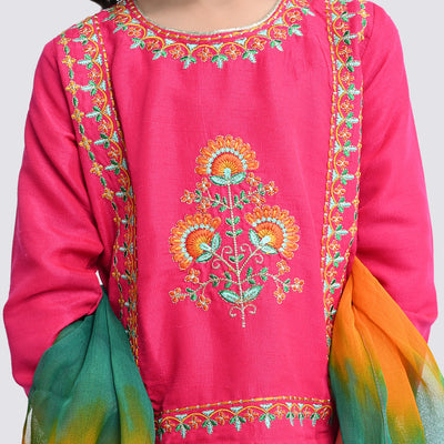 Girls Raw Silk 3PCs Suit Noor-e-DIL -Hot Pink