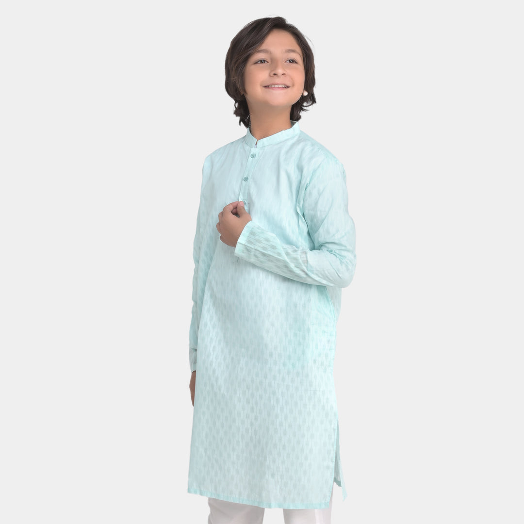 Boys Poly Cotton Woven Basic Kurta Burn Out-Mint