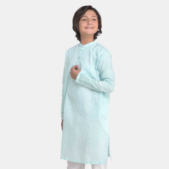 Boys Poly Cotton Woven Basic Kurta Burn Out-Mint