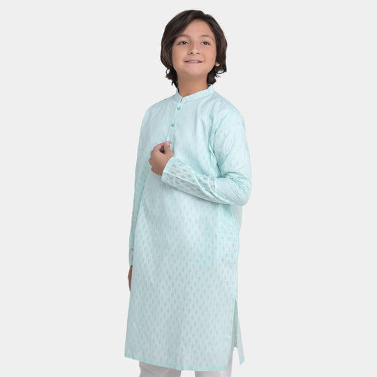 Boys Poly Cotton Woven Basic Kurta Burn Out-Mint