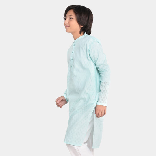 Boys Poly Cotton Woven Basic Kurta Burn Out-Mint