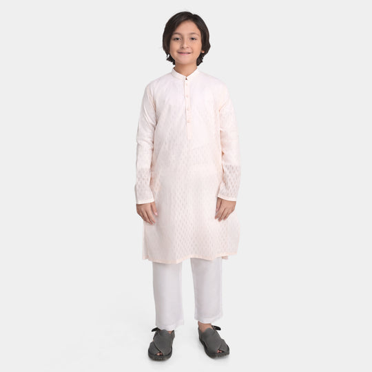 Boys Poly Cotton Woven Basic Kurta Burn Out | Peach