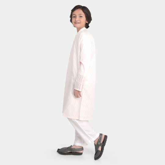 Boys Poly Cotton Woven Basic Kurta Burn Out | Peach