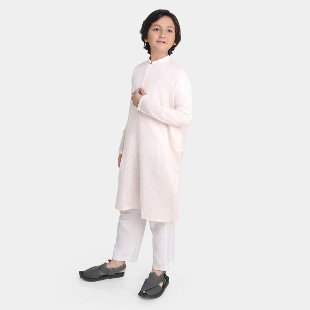 Boys Poly Cotton Woven Basic Kurta Burn Out | Peach