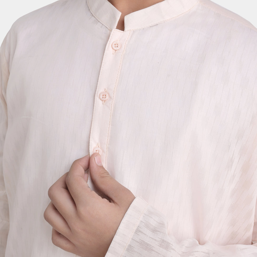 Boys Poly Cotton Woven Basic Kurta Burn Out | Peach