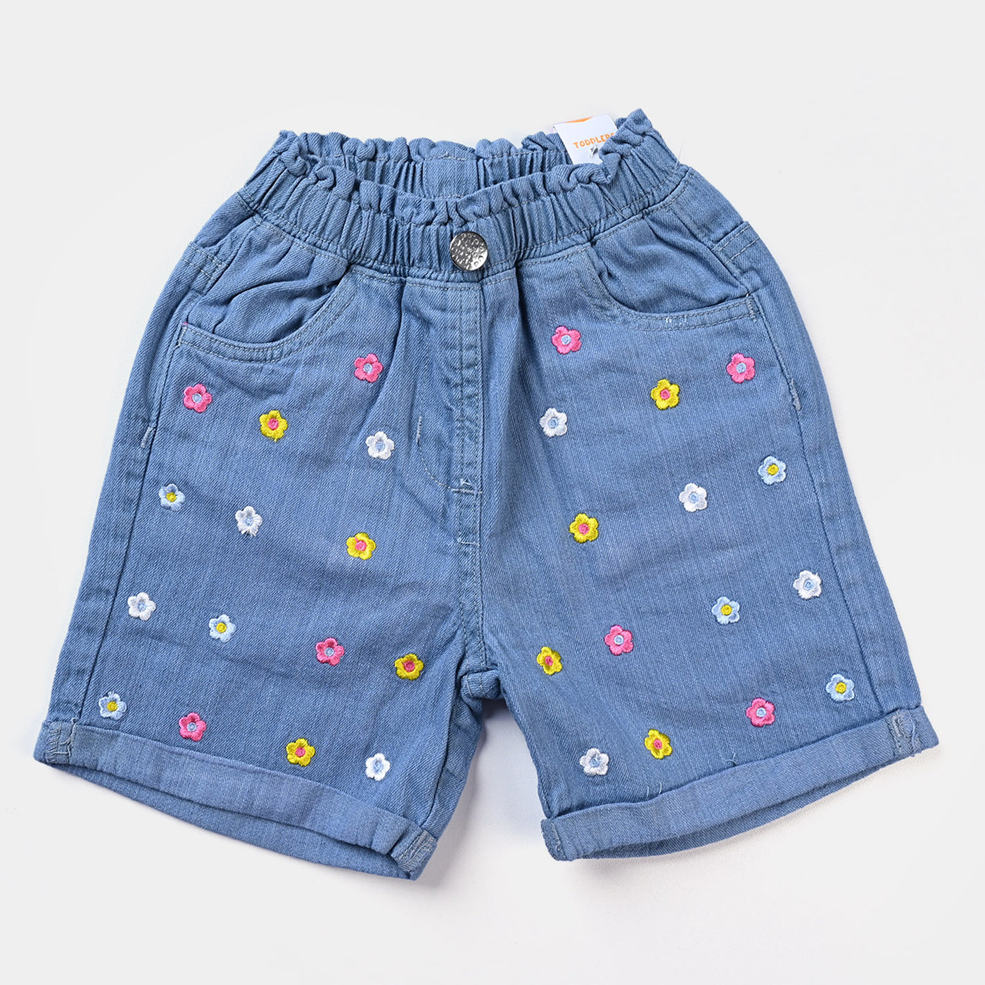 Girls Denim rigid Shorts Floral Emb-LIGHT BLUE