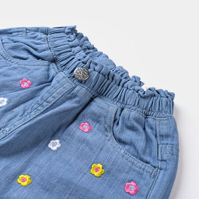 Girls Denim rigid Shorts Floral Emb-LIGHT BLUE