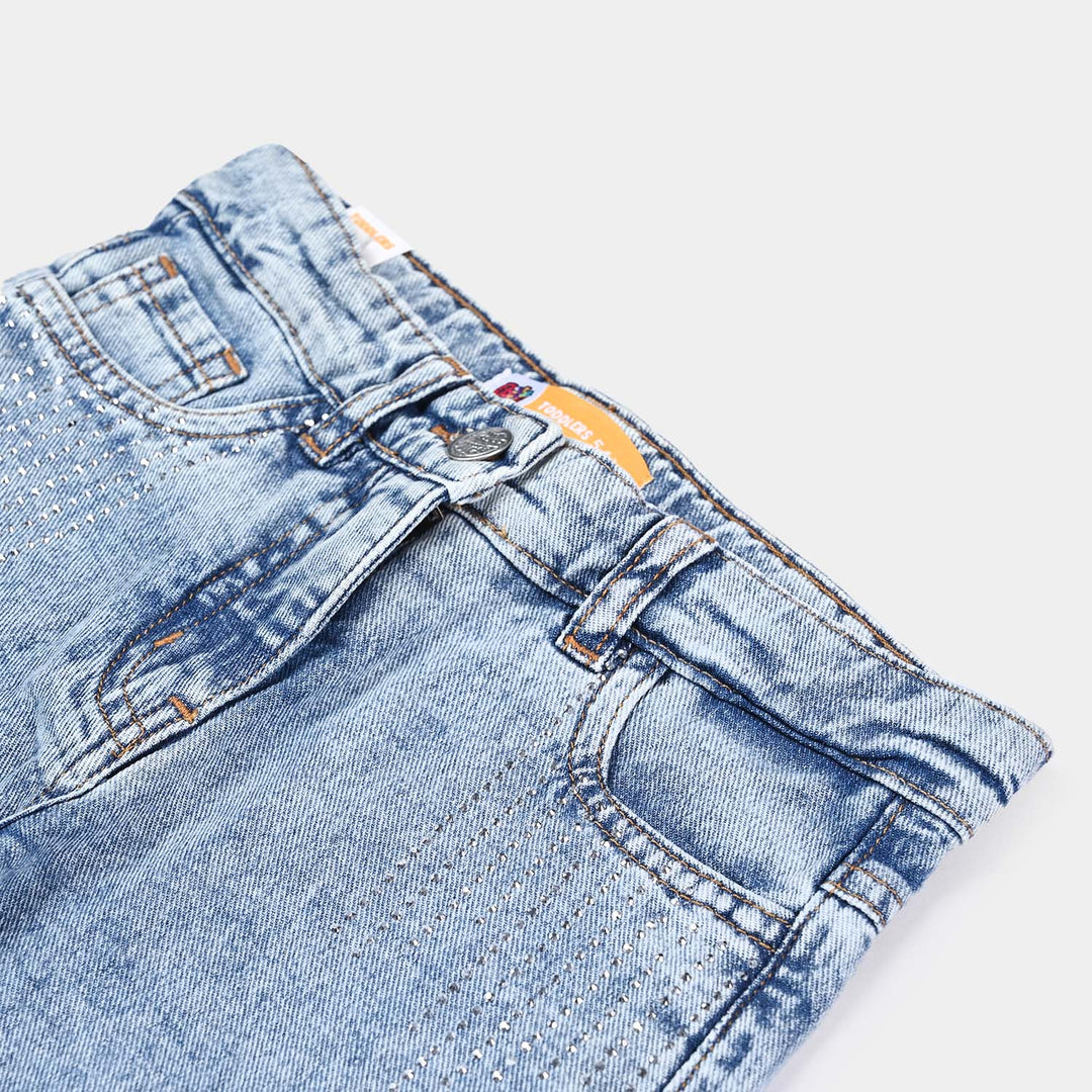 Girls Denim Pant Studs-Ice Blue