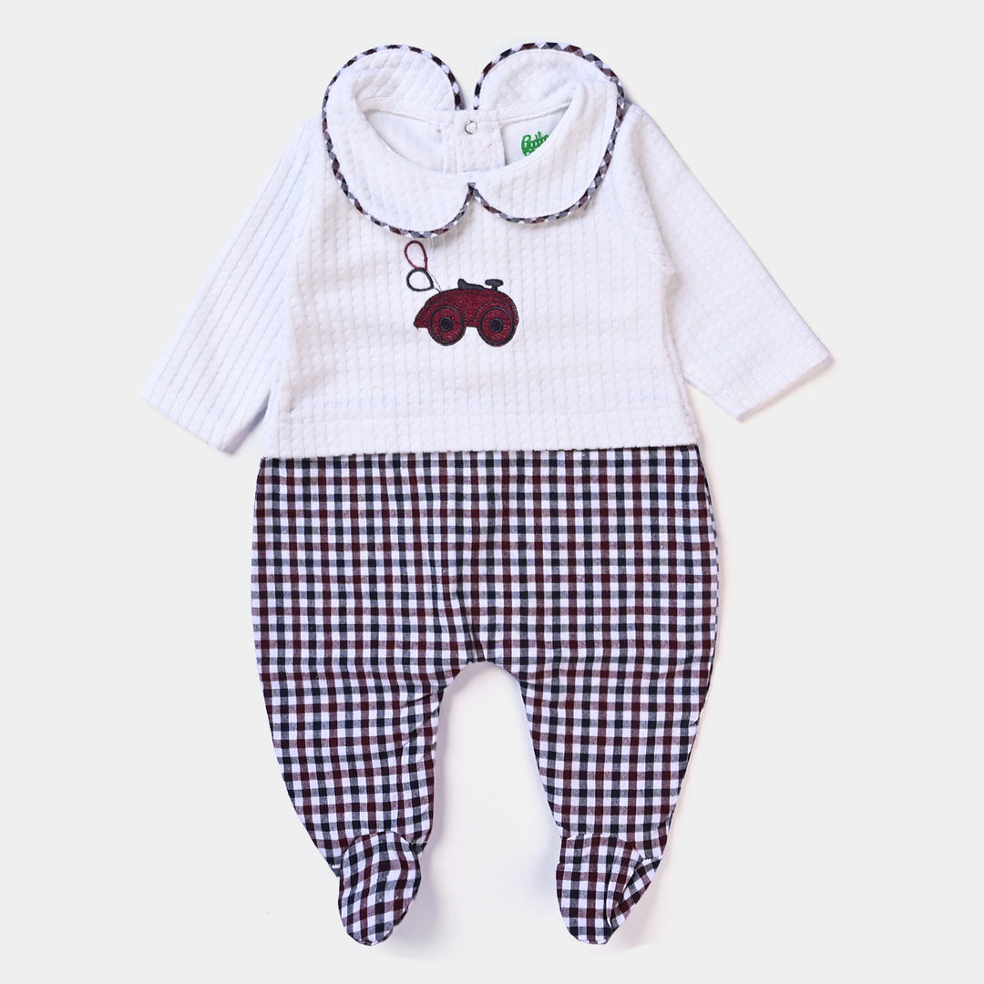 Infant Boys Velour Romper Car-White