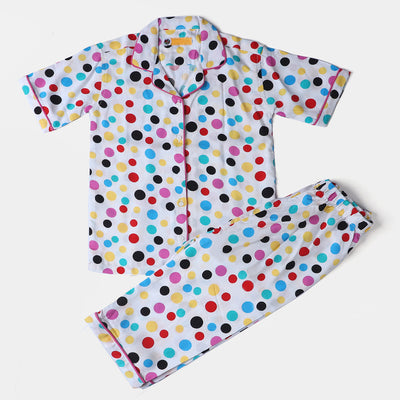 Infant Girls Cotton Woven Night Suit Multi Dots-White