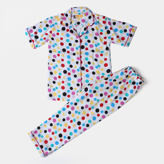 Girls Cotton Woven Night Suit Multi Dots-White