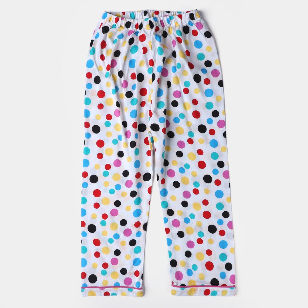 Girls Cotton Woven Night Suit Multi Dots-White