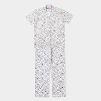 Girls Cotton Woven Night Suit Floral-White