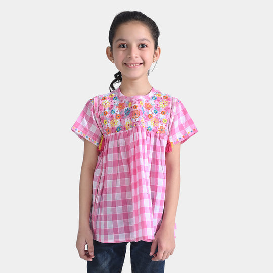 Girls Cotton EMB Top Floral Garden-Pink