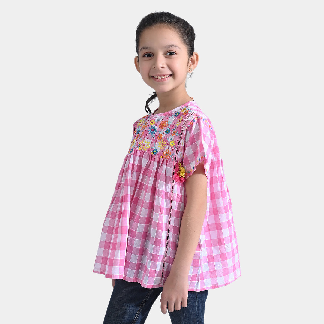 Girls Cotton EMB Top Floral Garden-Pink