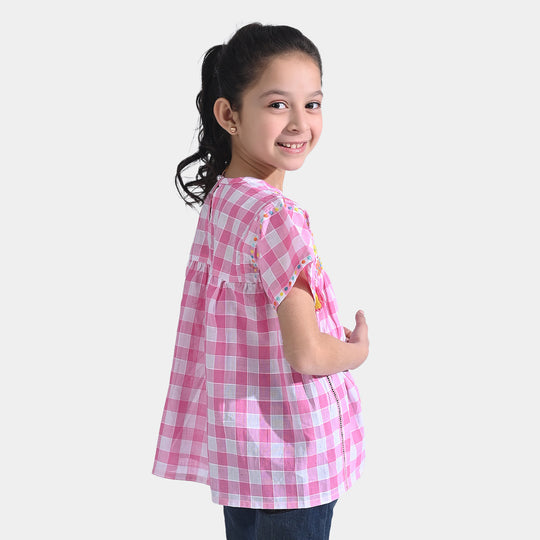 Girls Cotton EMB Top Floral Garden-Pink