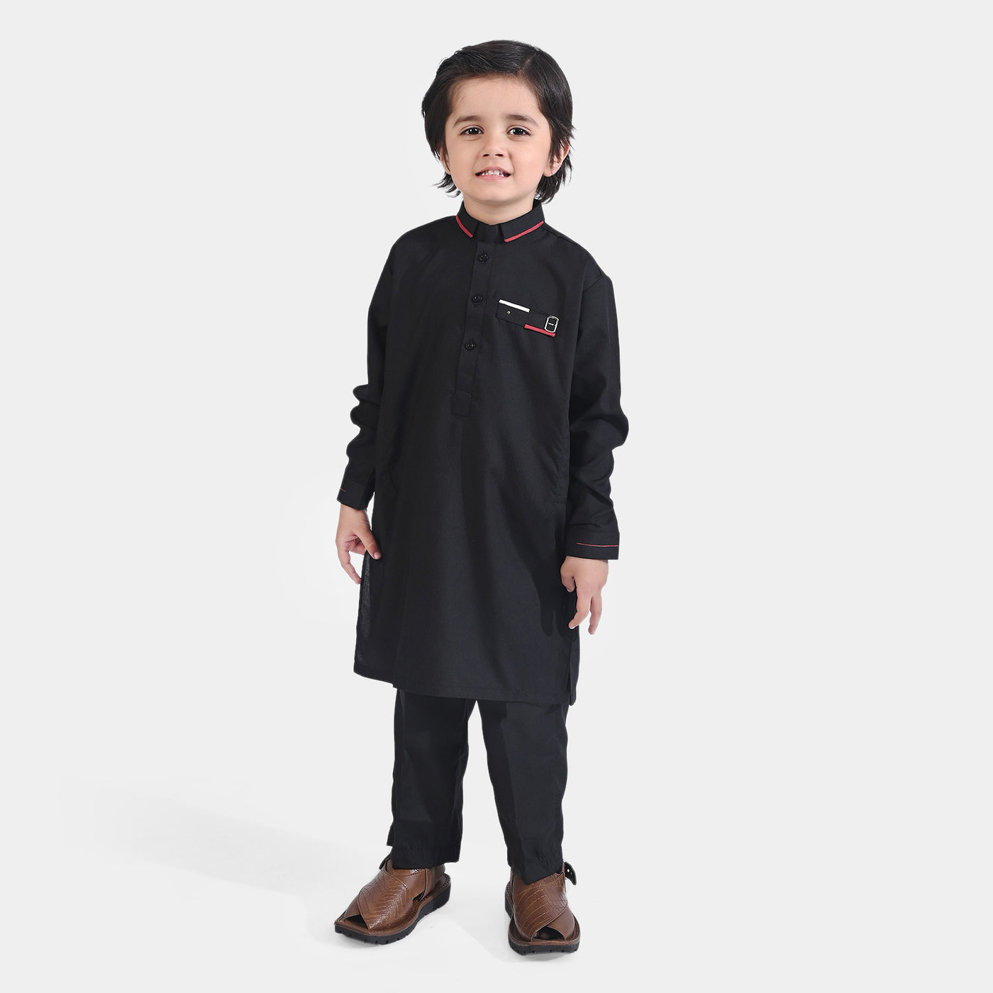 Boys Poly Viscose 2PC Suit Double Band Collar -BLACK