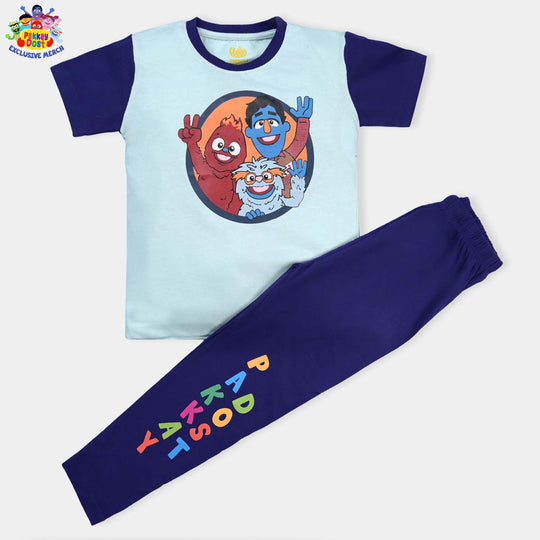 Boys Cotton Jersey 2PCS Suit Pakkay Dost Characters-Sky