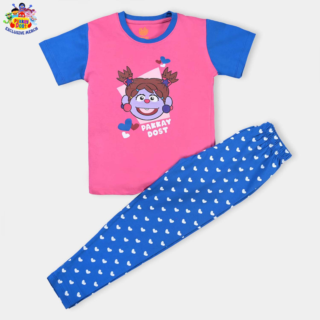 Girls Cotton Jersey 2 PCs Suit Pakkay Dost Miraal -Pink