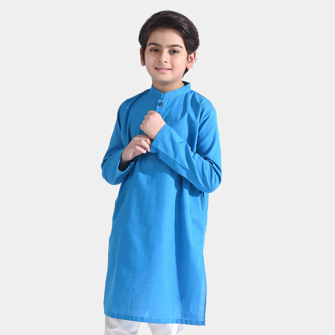 Boys Cotton Slub Basic Kurta -Bluish