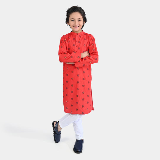 Boys Cotton Poplin Printed Kurta (Puff Motif)-Red