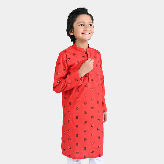 Boys Cotton Poplin Printed Kurta (Puff Motif)-Red