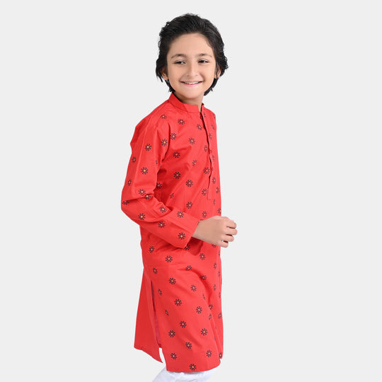 Boys Cotton Poplin Printed Kurta (Puff Motif)-Red