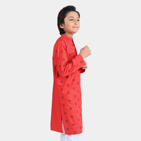 Boys Cotton Poplin Printed Kurta (Puff Motif)-Red