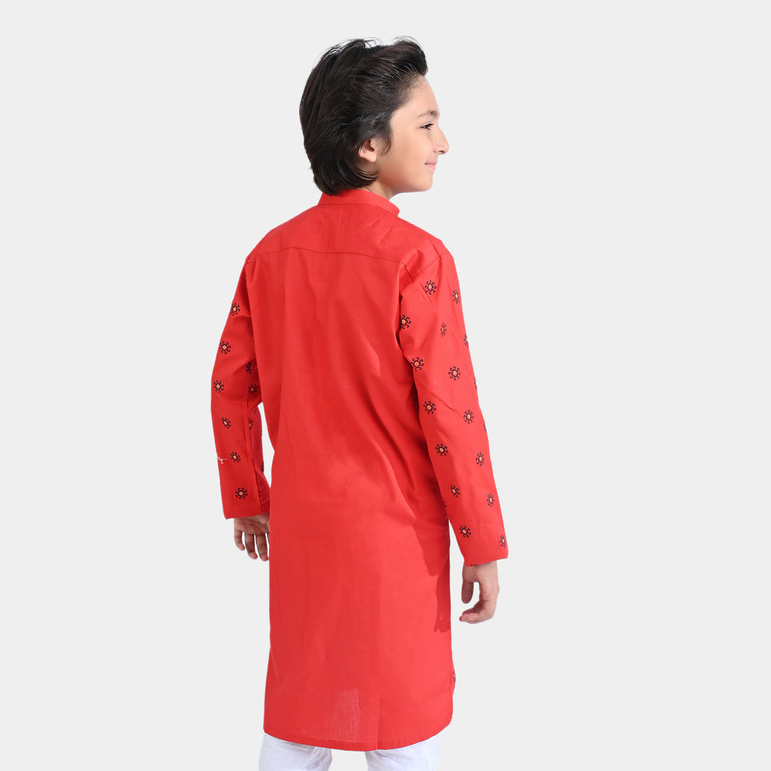 Boys Cotton Poplin Printed Kurta (Puff Motif)-Red