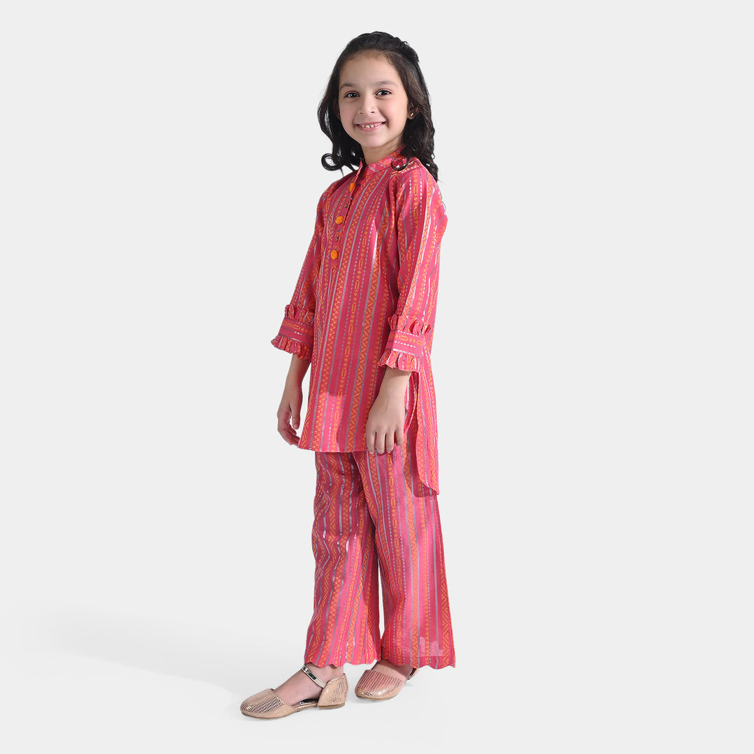 Girls Jacquard 2PCs Suit Stripes-P. Pink