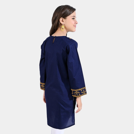 Girls Dobby EMB Kurti Meerub-Navy Blue