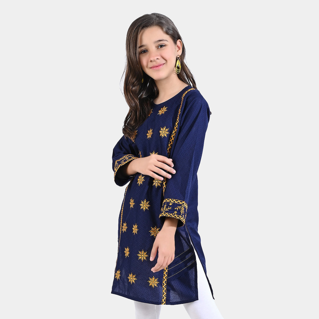 Girls Dobby EMB Kurti Meerub-Navy Blue