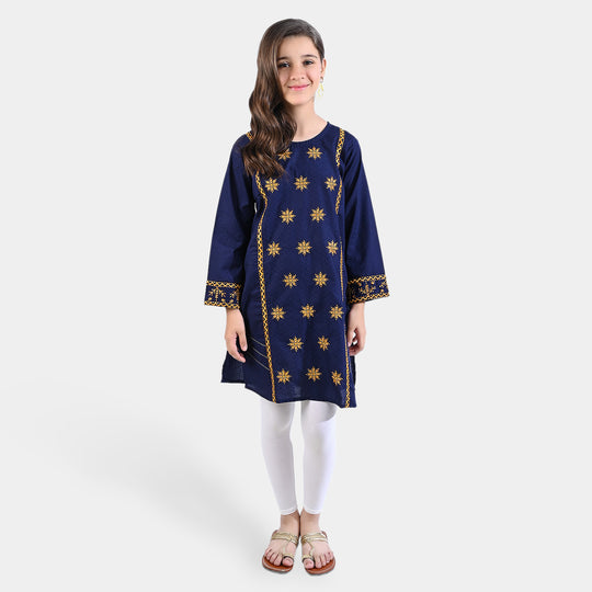 Girls Dobby EMB Kurti Meerub-Navy Blue