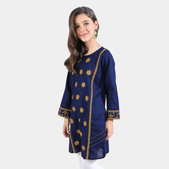 Girls Dobby EMB Kurti Meerub-Navy Blue