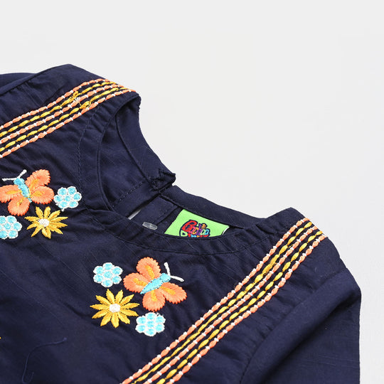 Infant Girls Cotton Slub EMB Kurti Butterflies-Navy Blue