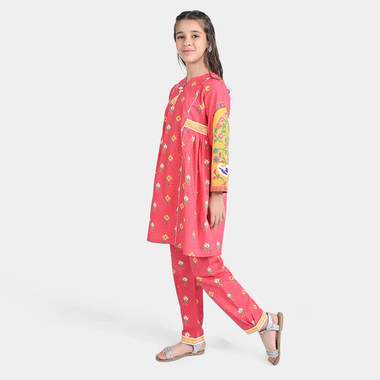 Girls Cotton Poplin Printed 2 PCs Suit Mehrab-Red