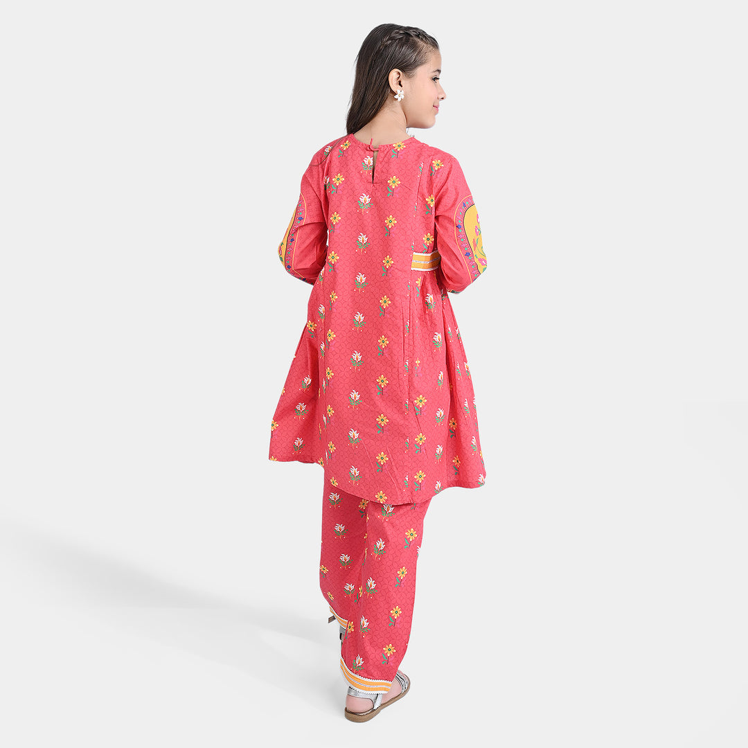 Girls Cotton Poplin Printed 2 PCs Suit Mehrab-Red